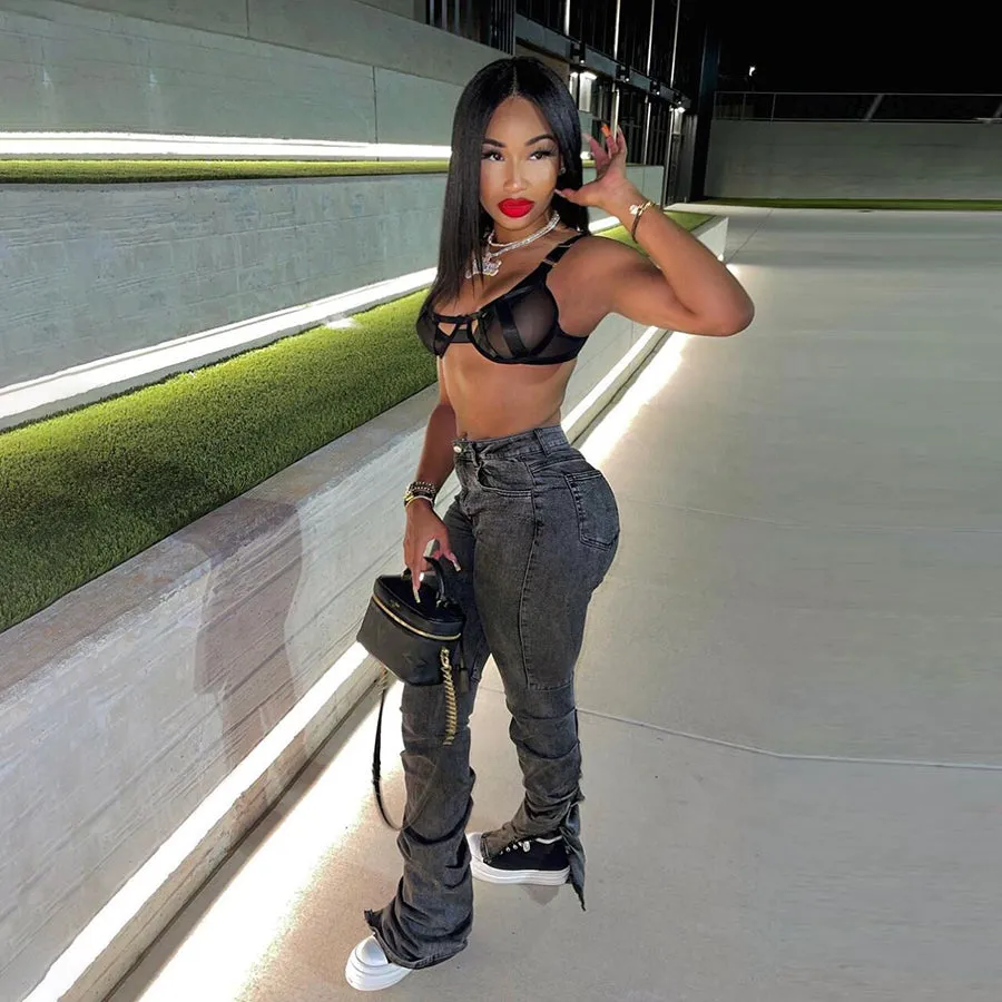 2023 Newest Design Slim Cotton Jeans Women's Pants With Stacked Women's Trousers