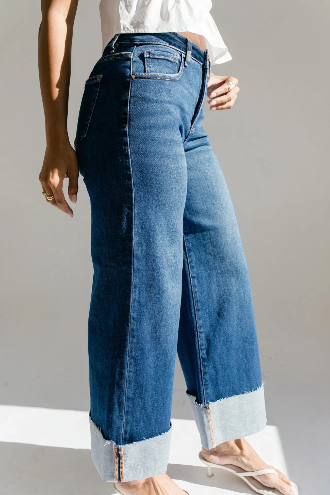 Cindy Wide Leg Cuffed Jean - Denim