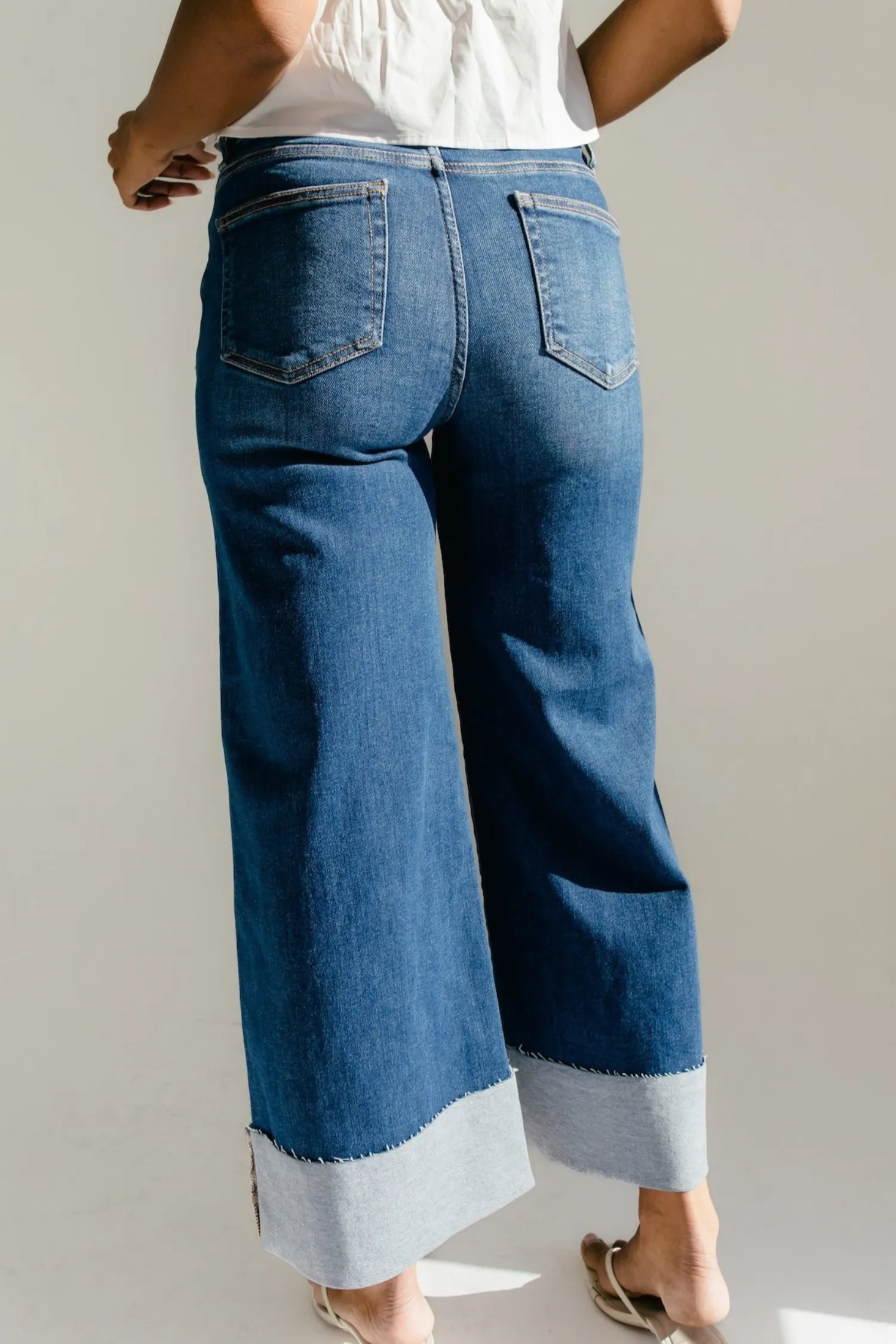 Cindy Wide Leg Cuffed Jean - Denim