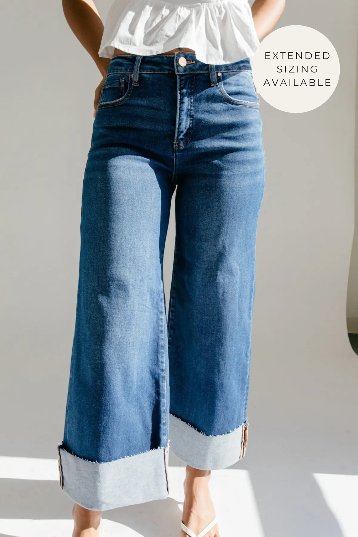 Cindy Wide Leg Cuffed Jean - Denim