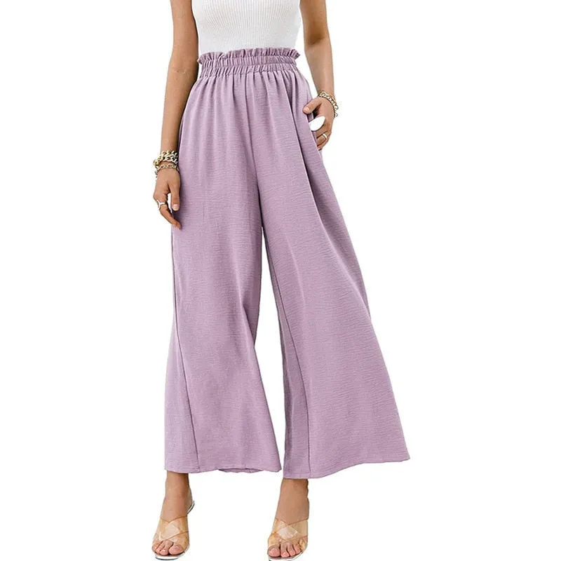 Hulianfu Autumn Summer Fashion Cotton Linen Pants Women Solid Fungus Edge High Waist Women's Trousers Wide Leg Casual Pants