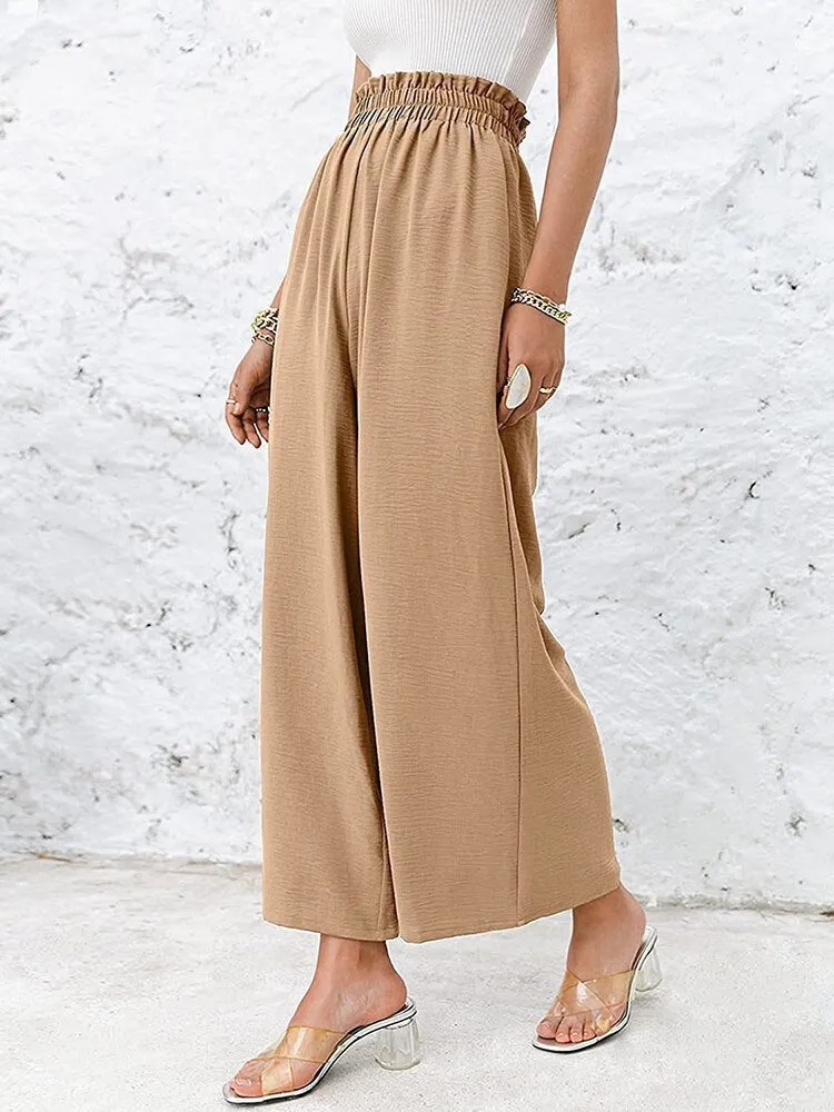 Hulianfu Autumn Summer Fashion Cotton Linen Pants Women Solid Fungus Edge High Waist Women's Trousers Wide Leg Casual Pants