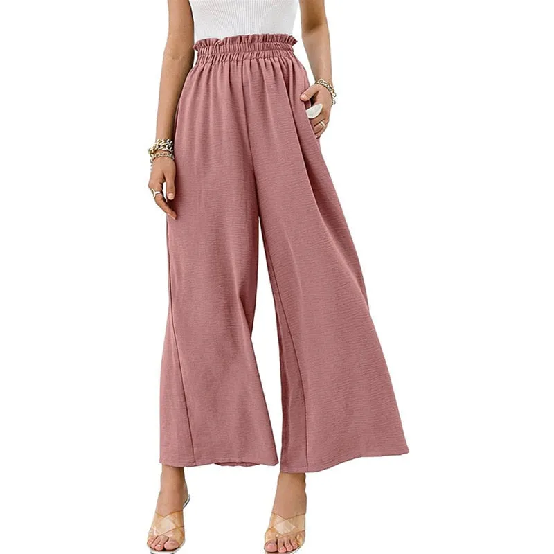 Hulianfu Autumn Summer Fashion Cotton Linen Pants Women Solid Fungus Edge High Waist Women's Trousers Wide Leg Casual Pants