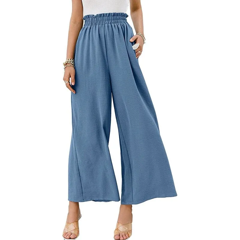 Hulianfu Autumn Summer Fashion Cotton Linen Pants Women Solid Fungus Edge High Waist Women's Trousers Wide Leg Casual Pants