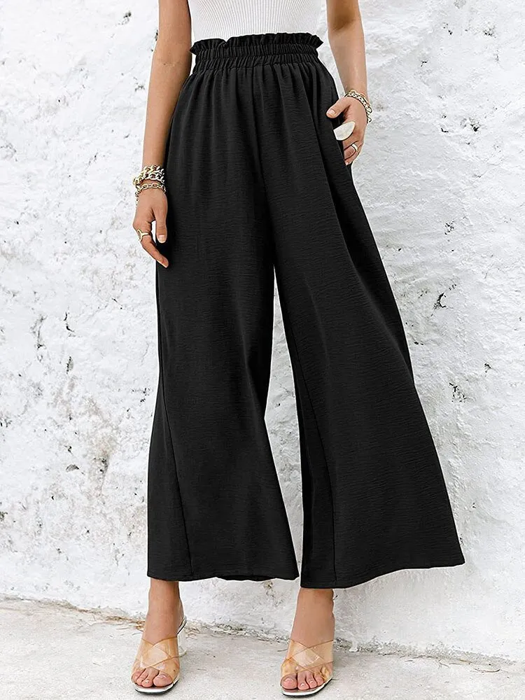 Hulianfu Autumn Summer Fashion Cotton Linen Pants Women Solid Fungus Edge High Waist Women's Trousers Wide Leg Casual Pants