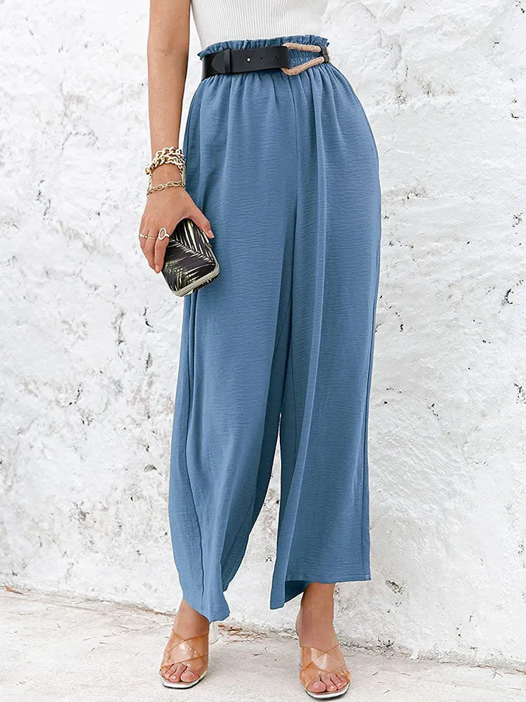 Hulianfu Autumn Summer Fashion Cotton Linen Pants Women Solid Fungus Edge High Waist Women's Trousers Wide Leg Casual Pants