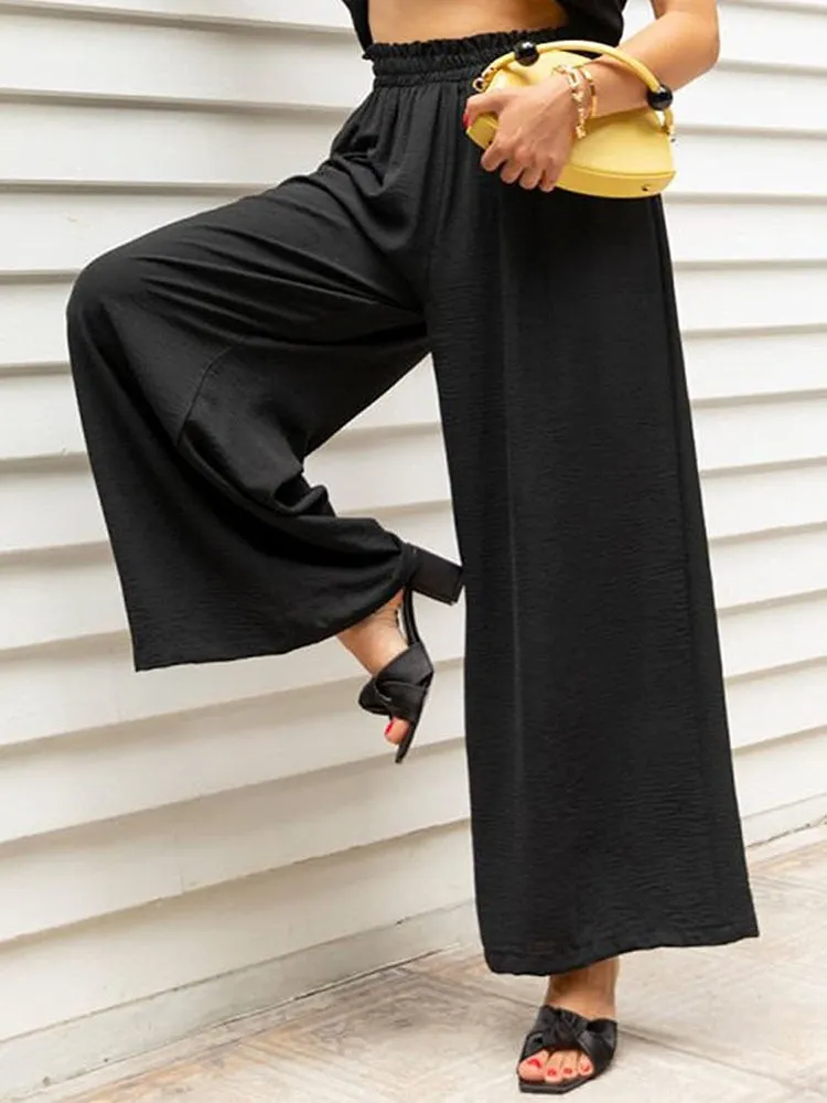 Hulianfu Autumn Summer Fashion Cotton Linen Pants Women Solid Fungus Edge High Waist Women's Trousers Wide Leg Casual Pants