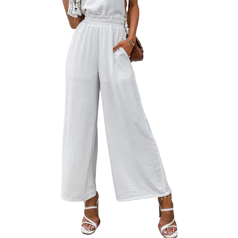 Hulianfu Autumn Summer Fashion Cotton Linen Pants Women Solid Fungus Edge High Waist Women's Trousers Wide Leg Casual Pants