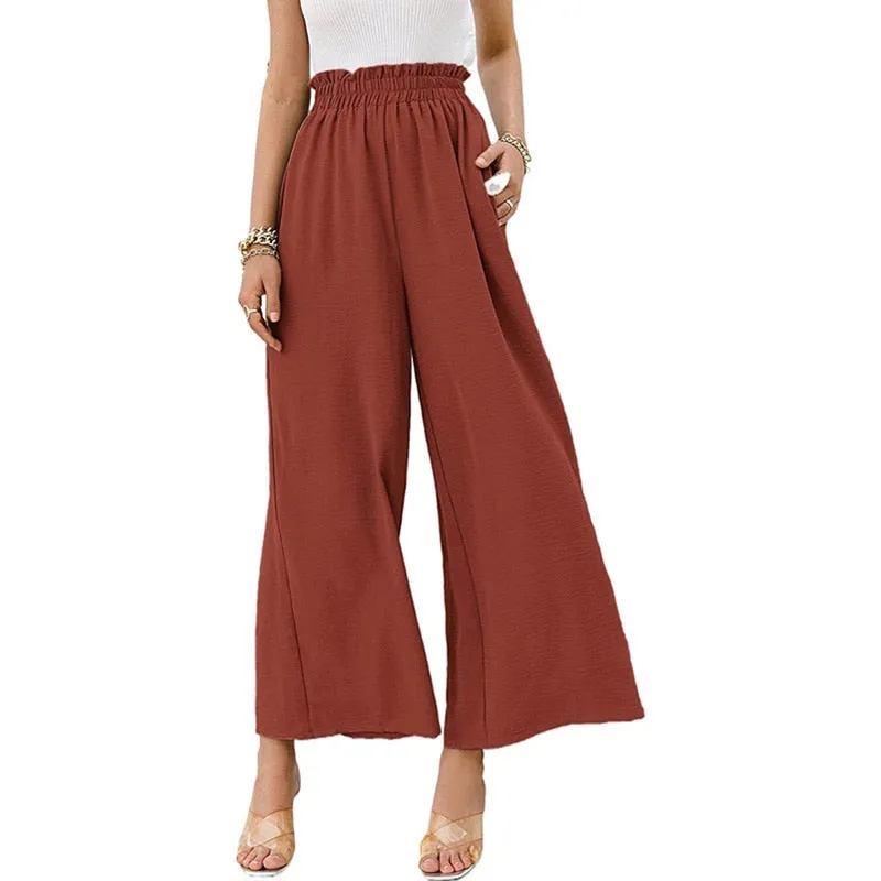 Hulianfu Autumn Summer Fashion Cotton Linen Pants Women Solid Fungus Edge High Waist Women's Trousers Wide Leg Casual Pants