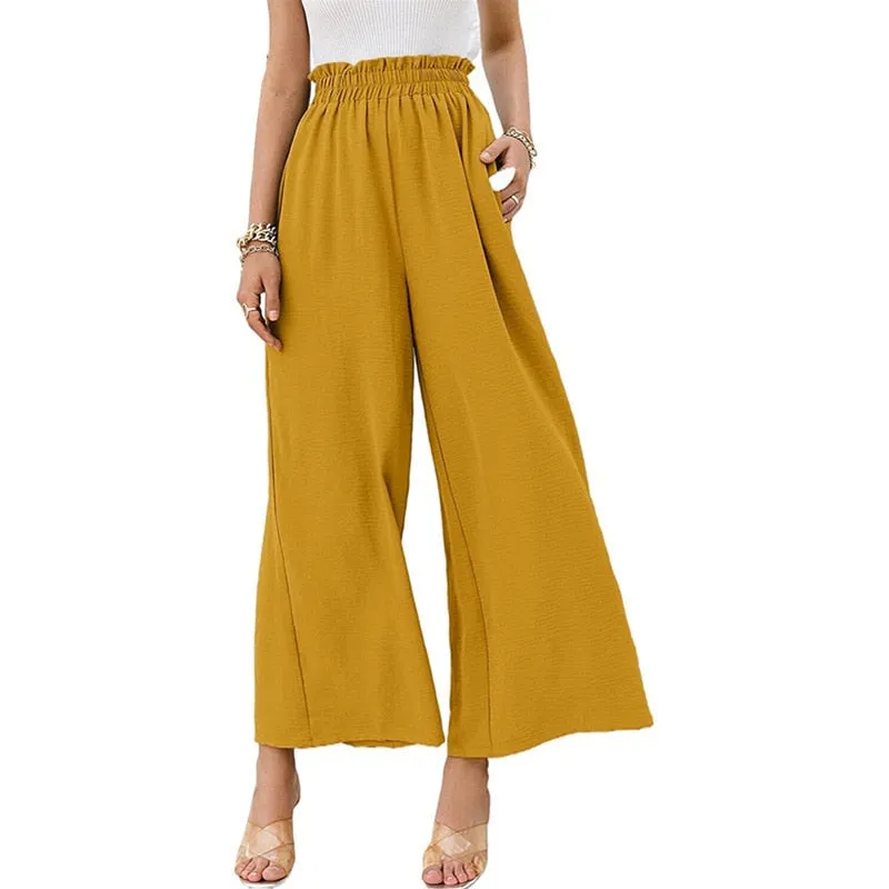 Hulianfu Autumn Summer Fashion Cotton Linen Pants Women Solid Fungus Edge High Waist Women's Trousers Wide Leg Casual Pants
