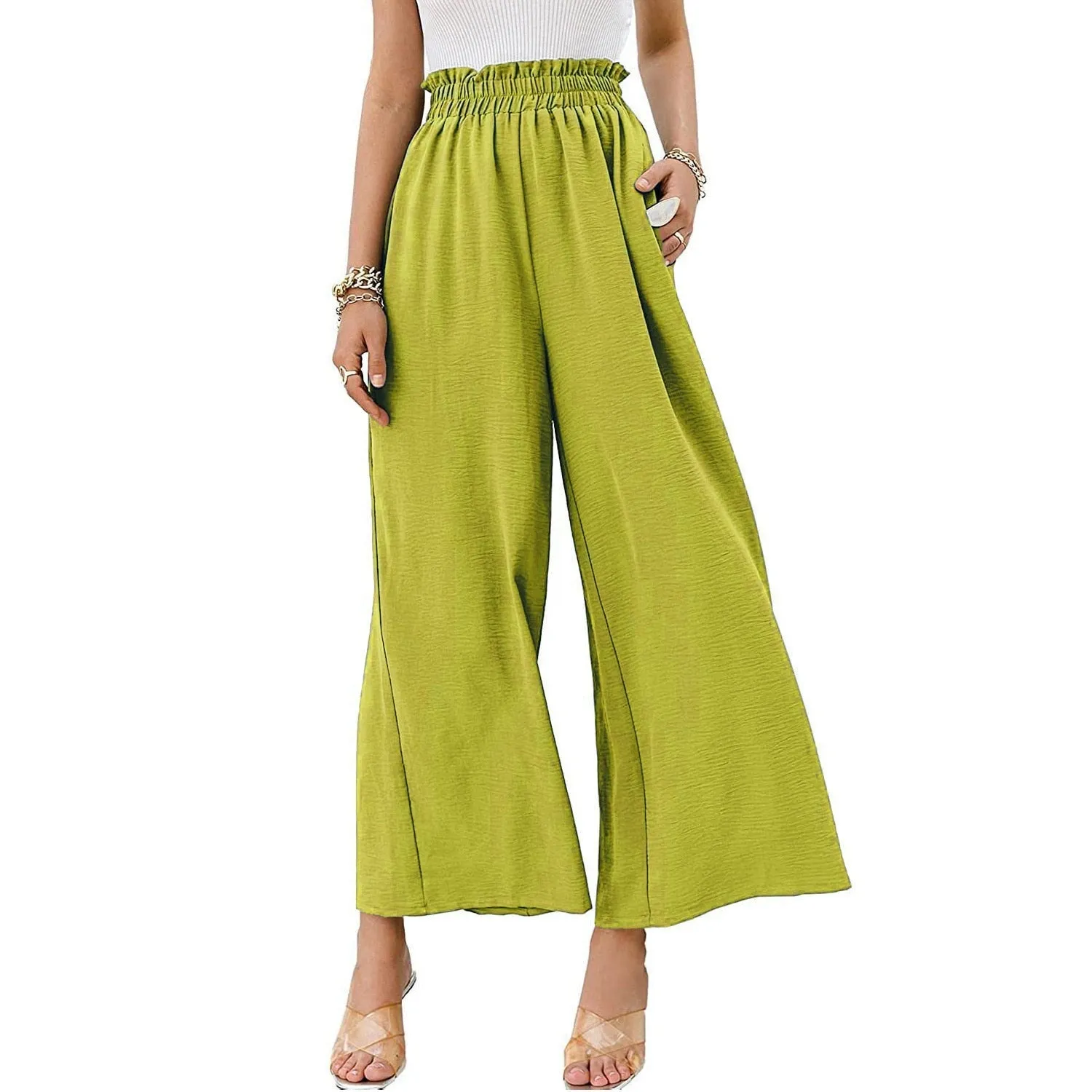 Hulianfu Autumn Summer Fashion Cotton Linen Pants Women Solid Fungus Edge High Waist Women's Trousers Wide Leg Casual Pants