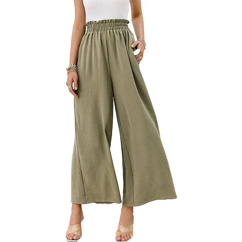 Hulianfu Autumn Summer Fashion Cotton Linen Pants Women Solid Fungus Edge High Waist Women's Trousers Wide Leg Casual Pants