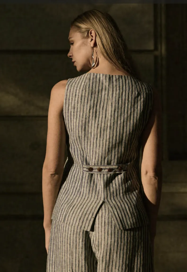Italian Navy & Beige Pinstripe Blouse and Linen Women's Trousers