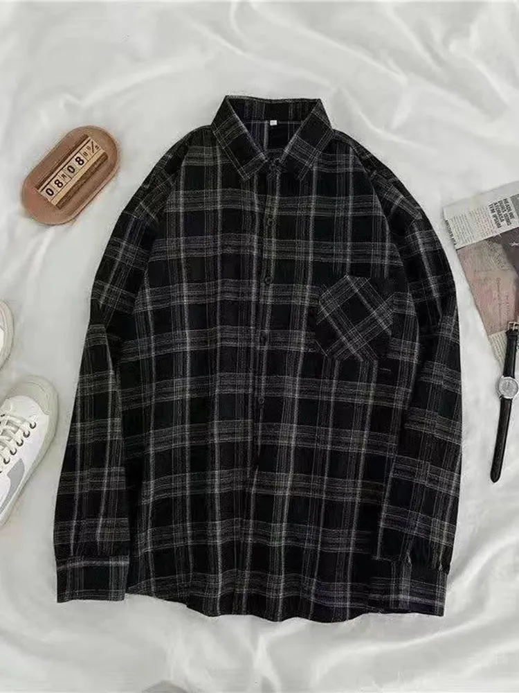 JMPRS Vintage Women Plaid Shirts Autumn Long Sleeve Oversize Button Up Tops