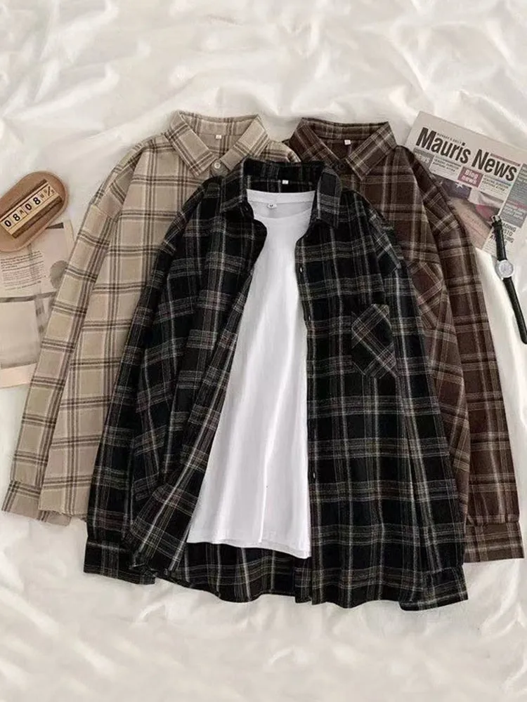 JMPRS Vintage Women Plaid Shirts Autumn Long Sleeve Oversize Button Up Tops