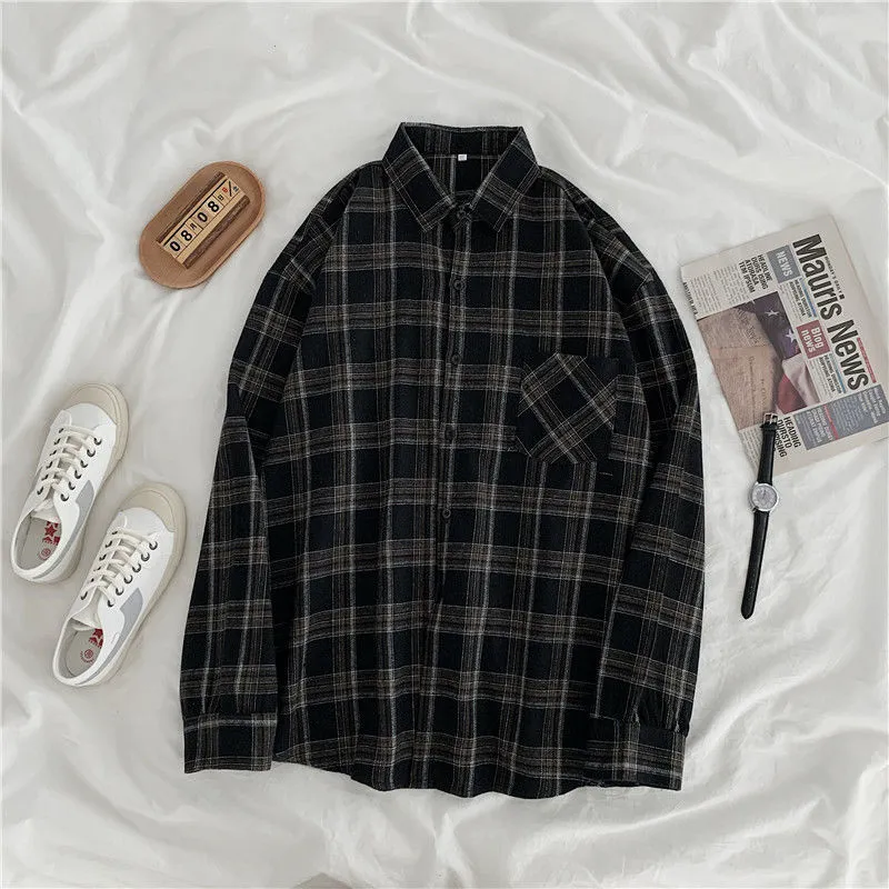JMPRS Vintage Women Plaid Shirts Autumn Long Sleeve Oversize Button Up Tops