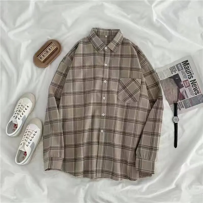 JMPRS Vintage Women Plaid Shirts Autumn Long Sleeve Oversize Button Up Tops