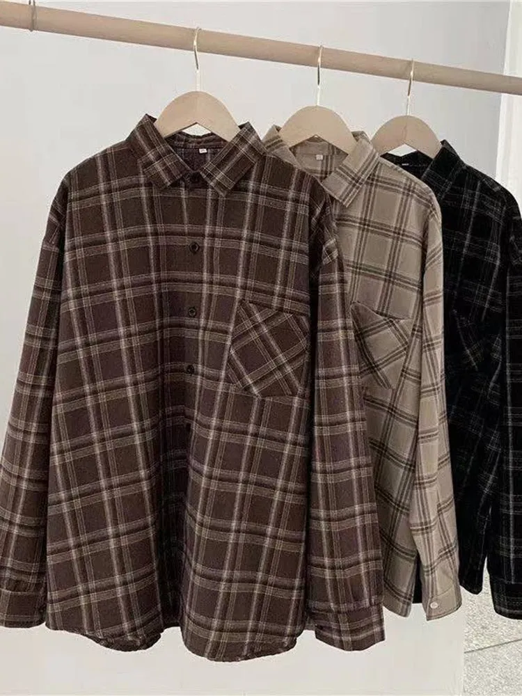 JMPRS Vintage Women Plaid Shirts Autumn Long Sleeve Oversize Button Up Tops