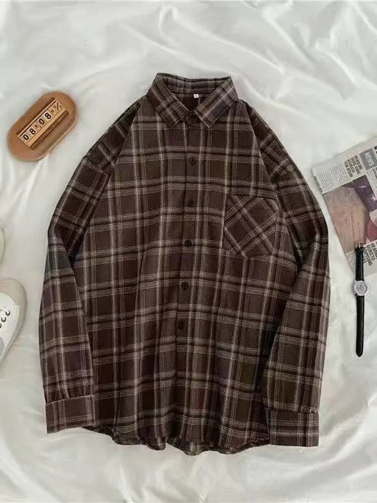 JMPRS Vintage Women Plaid Shirts Autumn Long Sleeve Oversize Button Up Tops