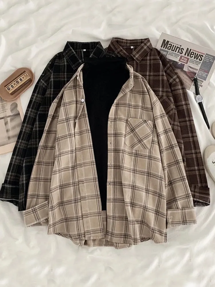 JMPRS Vintage Women Plaid Shirts Autumn Long Sleeve Oversize Button Up Tops