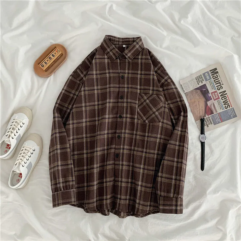 JMPRS Vintage Women Plaid Shirts Autumn Long Sleeve Oversize Button Up Tops