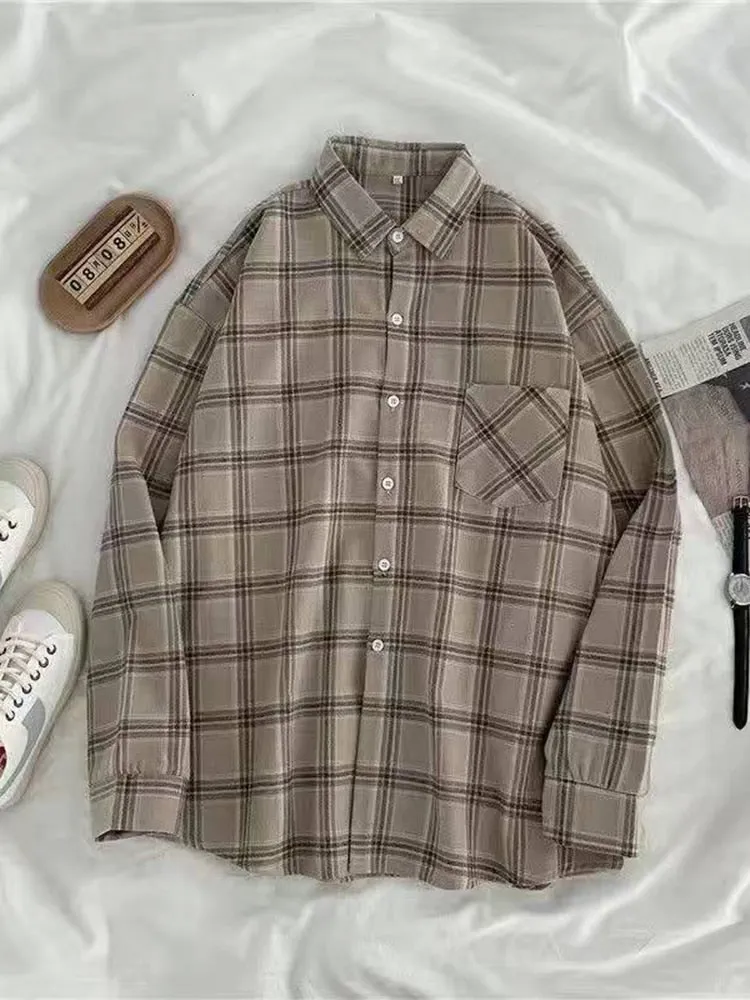 JMPRS Vintage Women Plaid Shirts Autumn Long Sleeve Oversize Button Up Tops