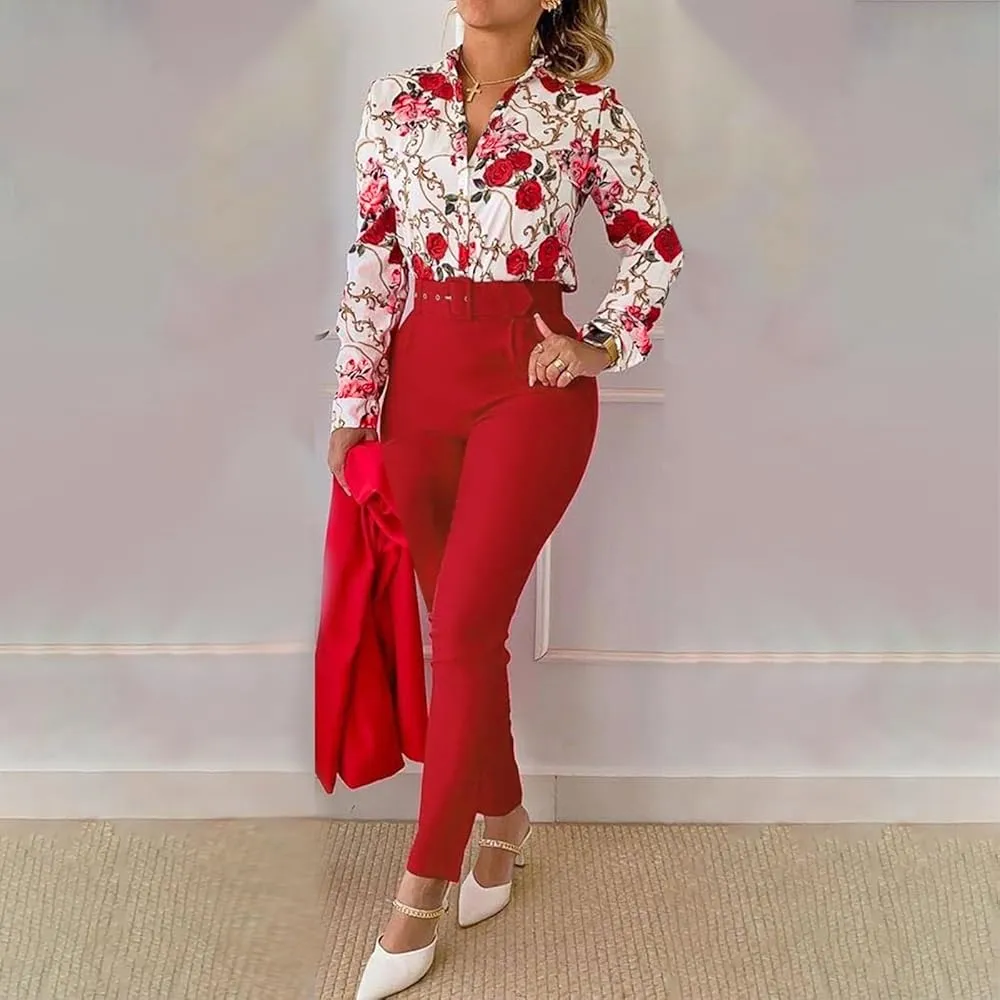 Two-Piece Women's Trousers with Belt Suit Two Piece Set    B100659