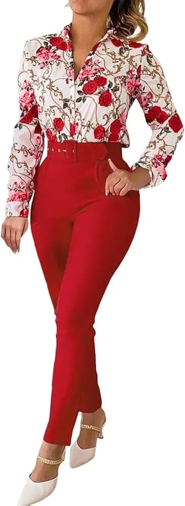 Two-Piece Women's Trousers with Belt Suit Two Piece Set    B100659