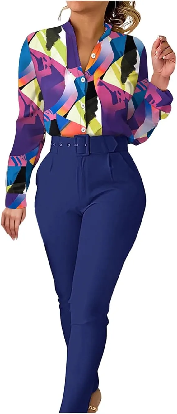 Women's Two-Piece Trousers with Belt Suit Set 42023 XL