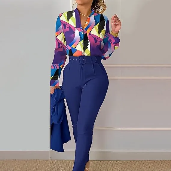 Women's Two-Piece Trousers with Belt Suit Set 42023 XL